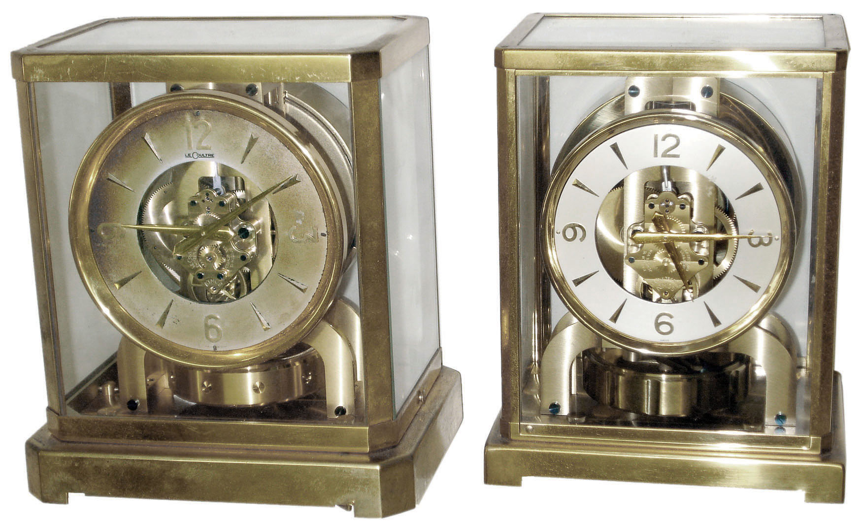 Clocks- 2 (Two) Atmos LeCoultre Swiss perpetual mantel clocks: #89856 Caliber 522, c1955, with original box;  #44751Caliber 519, c1948 — Antique Clocks Price Guide