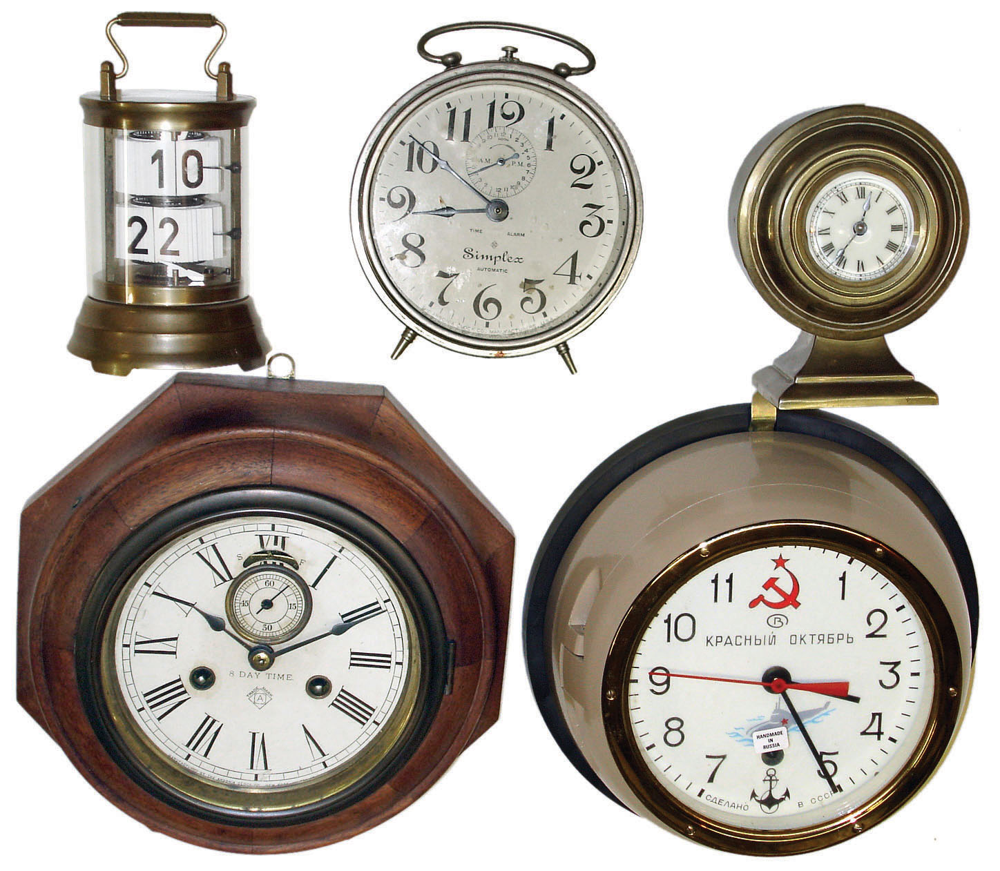 Clocks- 5 (Five): Horolovar reproduction Plato; Ansonia 8 day twin spring time only, walnut octagon marine clock; Ansonia brass desk clock; Simplex, by Ansonia, nickel alarm clock; and Russian modern ship's clock; 20th century — Antique Clocks Price Guide
