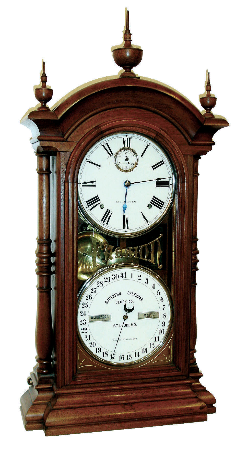 Southern Calendar Clock Co., St. Louis, MO, "Fashion No. 4" with 8 days, time and strike, spring driven Seth Thomas movement and perpetual calendar mechanism in a walnut case, c1880. — Antique Clocks Price Guide
