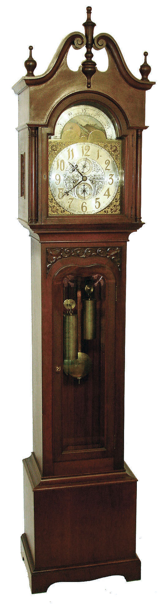Evans, Birmingham, England, tall clock, 8 days, time and bell and gong strike, brass weight driven movement in a mahogany case with broken arch top, carving above beveled trunk door and brass dial with engraved silver chapter ring, date calendar and moon phase c1900 — Antique Clocks Price Guide