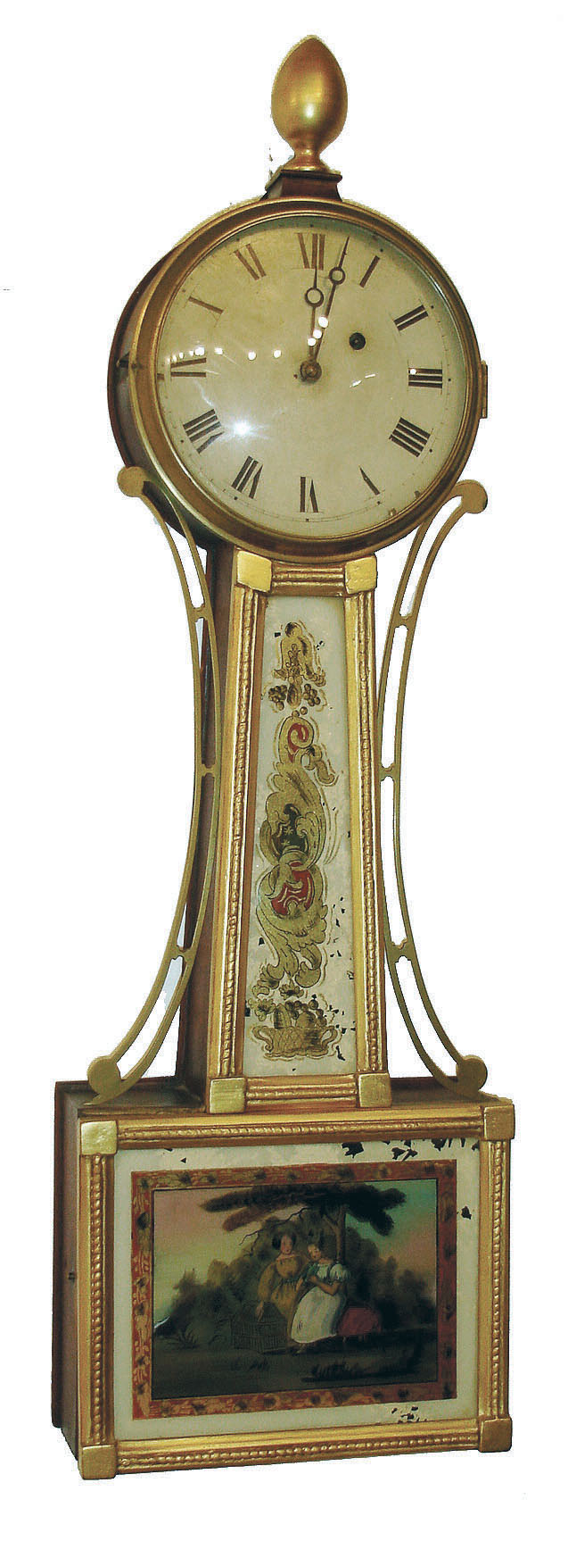 Boston area banjo clock, mahogany case with gilt frames, gilt finial, and reverse painted glasses, the box glass showing two women in a landscape with a pet bird, brass bezel with convex glass, Roman numeral painted sheet iron dial, moon hands, 8 day brass timepiece movement, the back plate with 2 mounting tabs, and cast iron weight, c1830 — Antique Clocks Price Guide