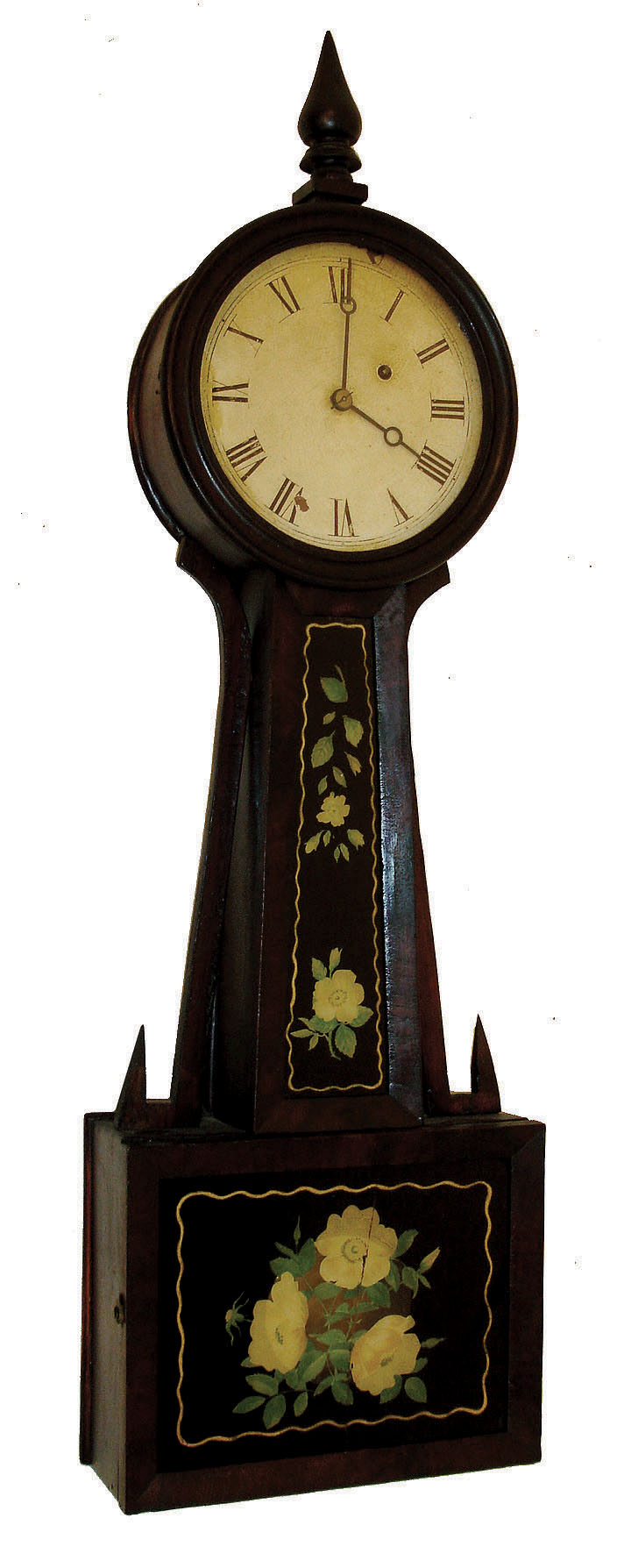 Attleboro style banjo clock, mahogany case with wooden side arms, turned mahogany bezel and finial, beveled throat and box frames, reverse painted glasses, Roman numeral white painted sheet iron dial, moon hands, brass 8 day timepiece movement, cast iron weight, c1850 — Antique Clocks Price Guide