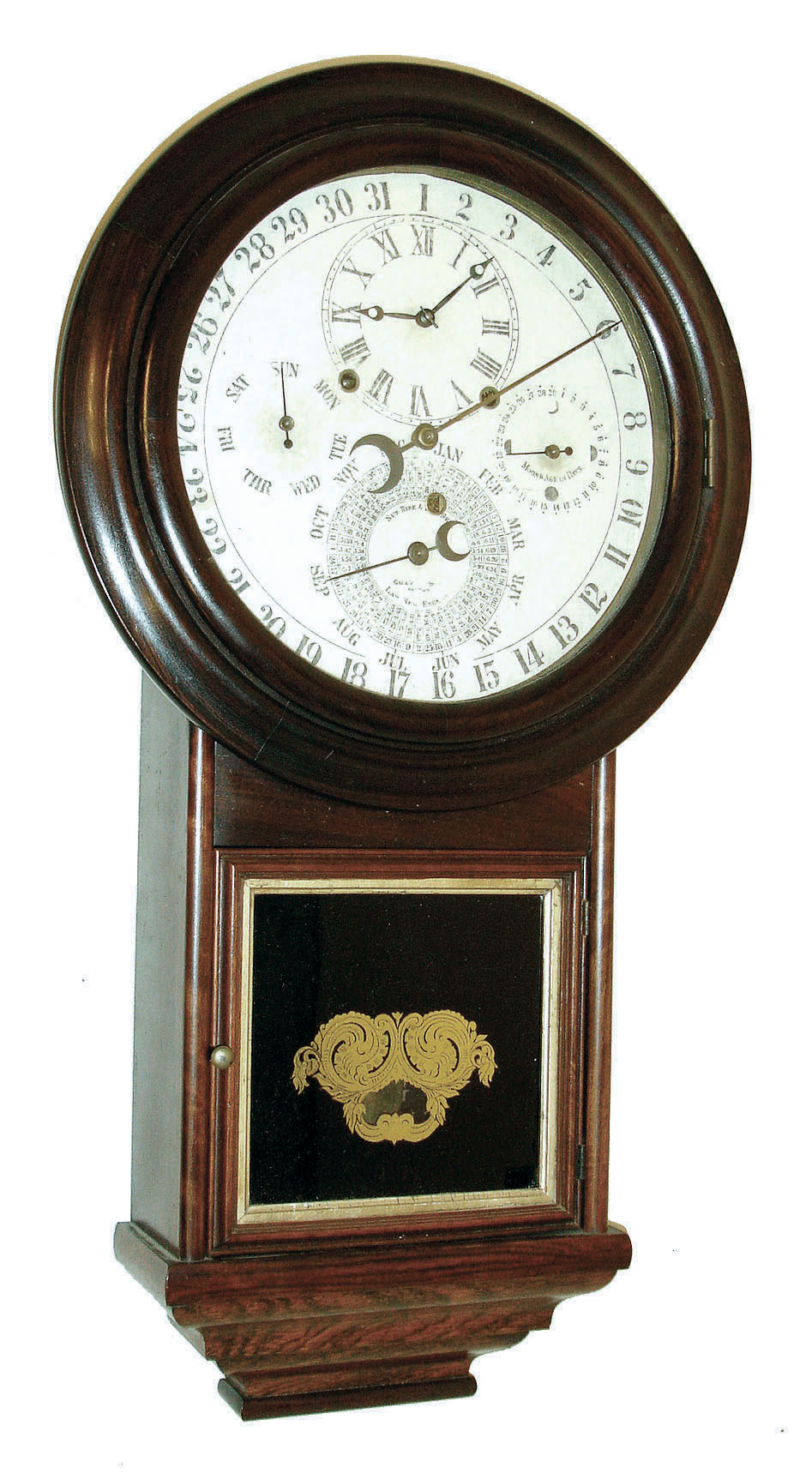 Welch, Spring &amp; Co., Forestville, Conn., "Gale Drop Calendar No. 2" astronomical wall clock, 8 days, time and perpetual calendar, spring driven movement in a rosewood case with grained bezel, papered metal dial and Drop No. 1 style reverse painted lower tablet, c1875 — Antique Clocks Price Guide