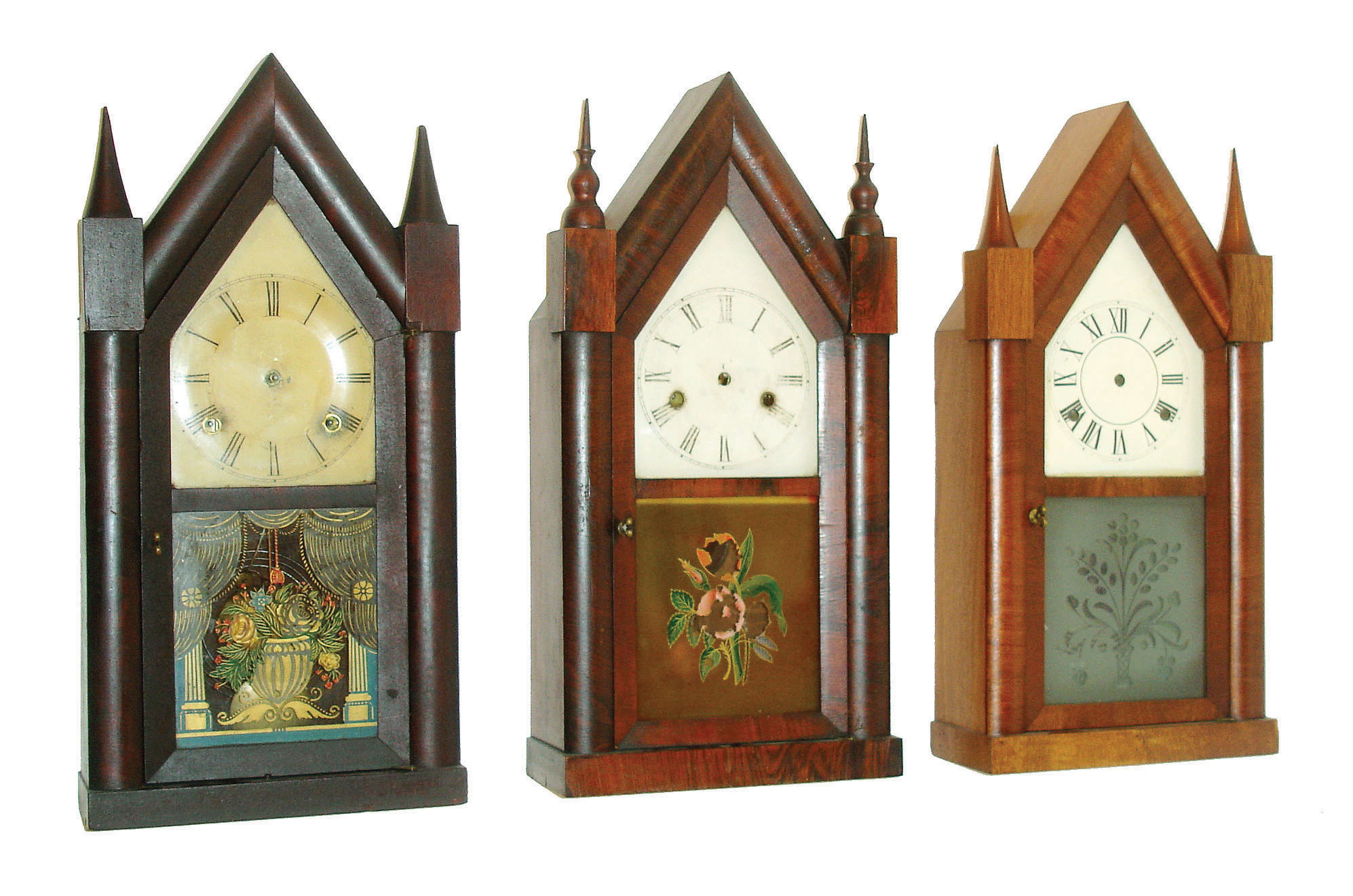 Clocks- 3 (Three): (1)E. &amp; A. Ingraham, Bristol, Conn., 30 hours, time and strike sharp gothic or steeple clock. (2)Ansonia Clock Co., Ansonia, Conn., 30 hours, time and strike sharp gothic or steeple clock. (3)Brewster &amp; Ingrahams, Bristol, Conn., 30 hours, time and strike sharp gothic or steeple clock. — Antique Clocks Price Guide
