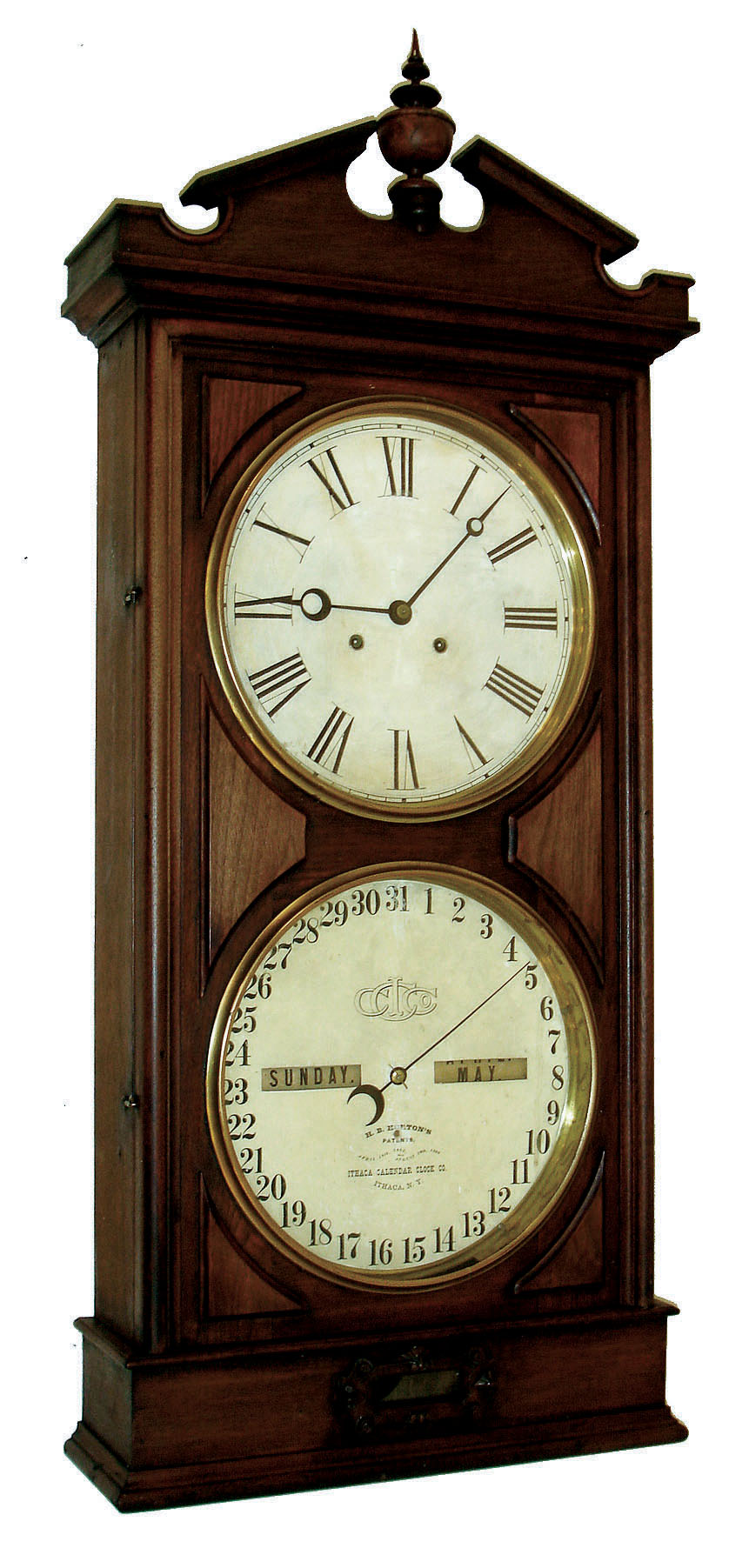 Ithaca Clock Co., Ithaca, N.Y. "Regulator No. 2 Shelf Clock" mantel clock, 8 days, time and perpetual calendar, double weight driven movement in a walnut case with two papered metal dials, dated 1871 — Antique Clocks Price Guide