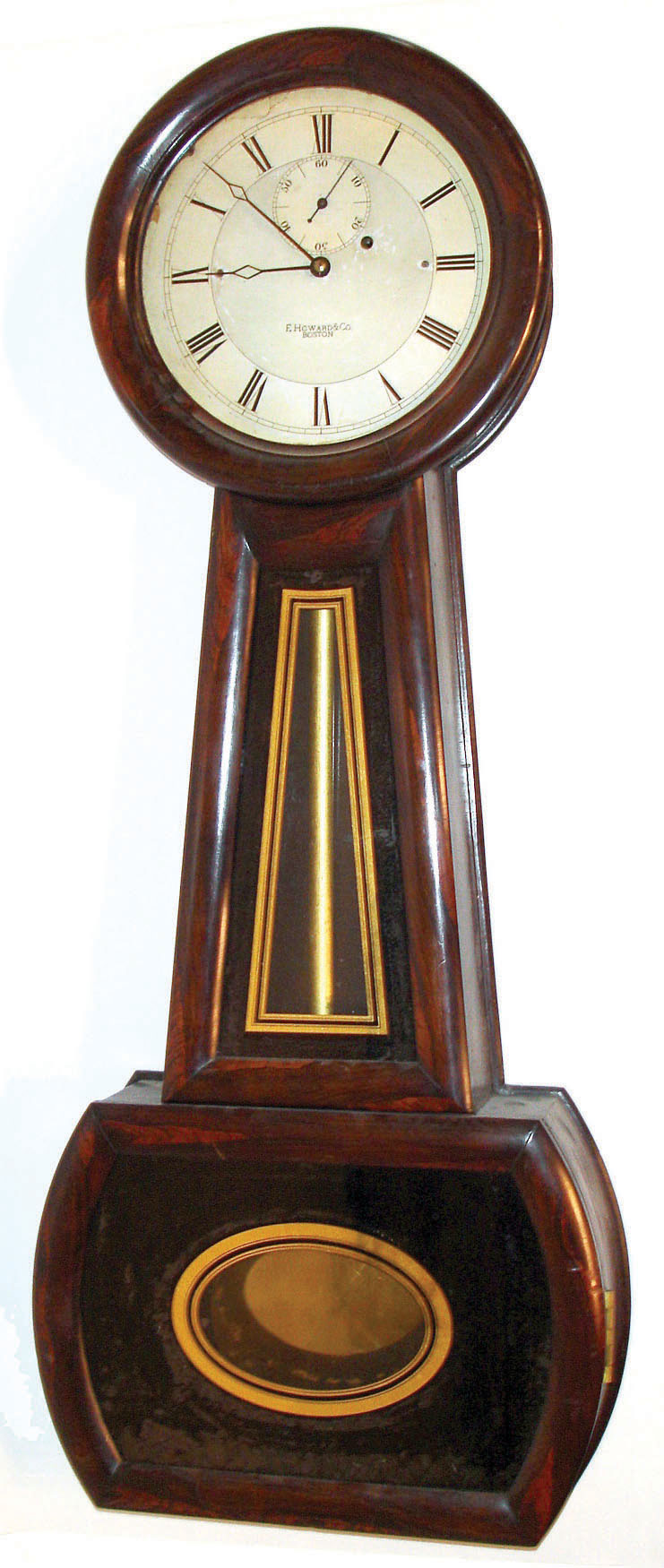 E. Howard &amp; Co., Boston, Mass., "No. 1 Banjo", made for and sold by Riggs &amp; Bro. Jewelers, Philadelphia, Pa. The 8 days, time only, weight driven movement is signed A. [Albert] Howard, Boston. The painted paper over iron dial has E. Howard &amp; Co., Boston signature, c1900. — Antique Clocks Price Guide