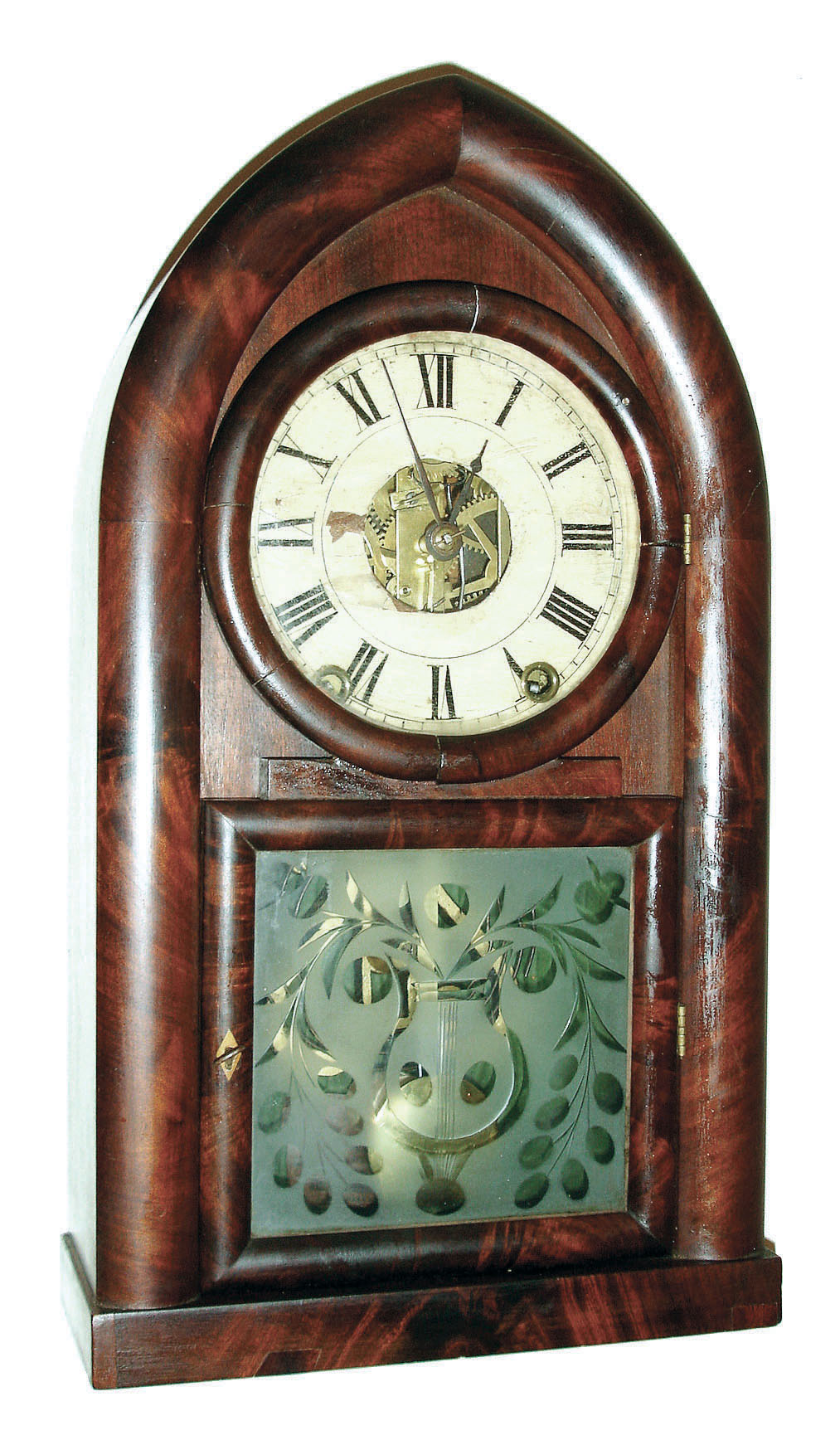 E.C. Brewster &amp; Company, Bristol, Conn., 8 days, time and strike, Kirk's Patent iron back plate rack striking round gothic or beehive shelf clock, c1838. — Antique Clocks Price Guide