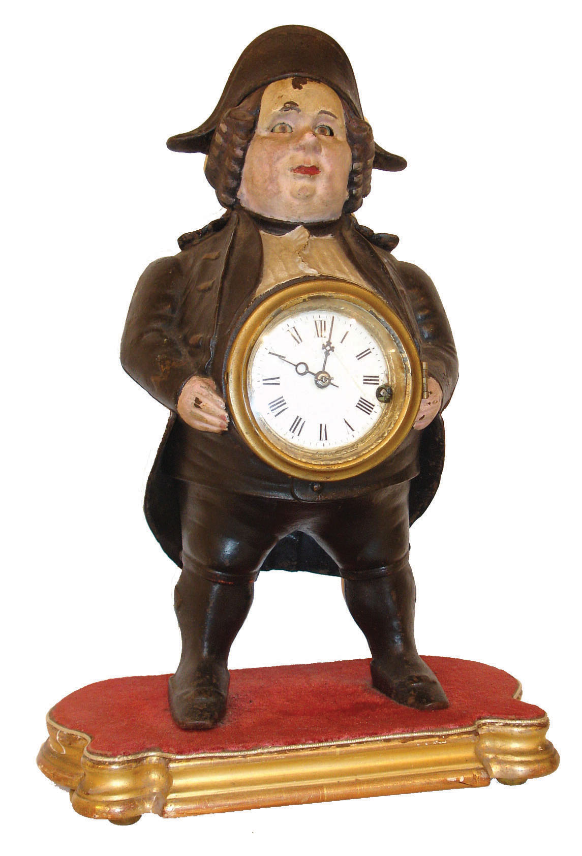 Bradley &amp; Hubbard, Meriden, Conn., Continental blinking eye shelf clock, painted iron case with clock mounted in figures belly, Roman numeral white enamel dial, now mounted to a gilt wooden base, c1860 — Antique Clocks Price Guide