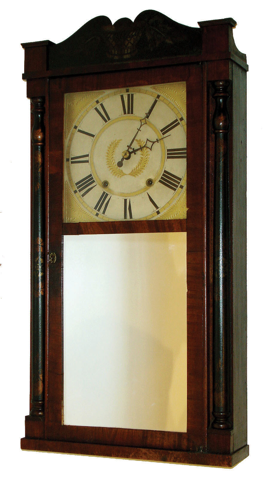 C. &amp; N. Jerome, Bristol, Conn., 30 hours, time and strike weight wood movement half column &amp; splat shelf clock, c1835 — Antique Clocks Price Guide