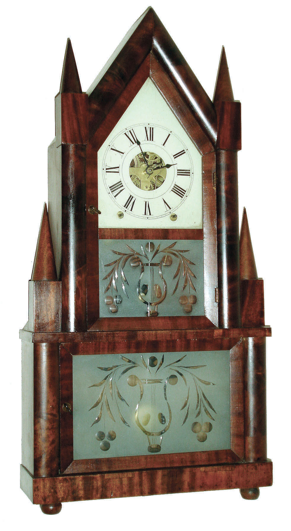 Birge &amp; Fuller, Bristol, Conn., 8 days, time and strike Ives patent eight day wagon spring steeple on frame or double steeple shelf clock, c1845 — Antique Clocks Price Guide