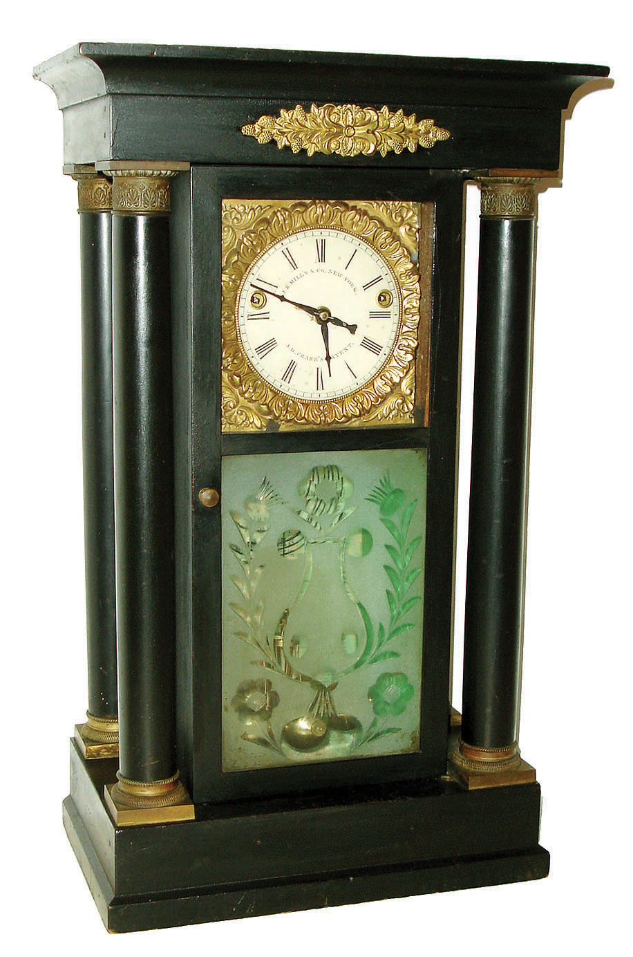 The Year Clock Co., New York, 12 month, brass fusee movement A. D. Crane's Patent empire six ball rotary pendulum year clock produced by J. R. Mills &amp; Co, c1846 — Antique Clocks Price Guide