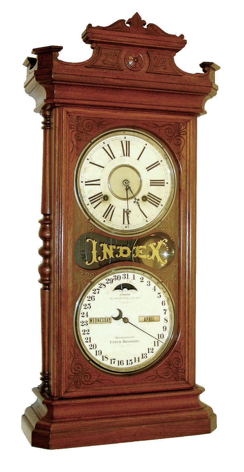 Ithaca Calendar Clock Co., Ithaca, NY "Index" model with 8 days, spring driven E. N. Welch time and strike movement and Ithaca calendar clock mechanism in walnut case. Dial depicts "Manufactured for Lynch Brothers", c1875. — Antique Clocks Price Guide