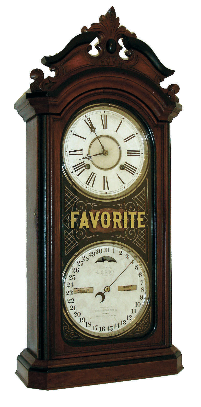 Ithaca Calendar Clock Co., Ithaca, NY "Favorite No. 4 1/2" with 8 days, spring driven E. N. Welch time and strike movement and Ithaca calendar clock mechanism, c1880. — Antique Clocks Price Guide