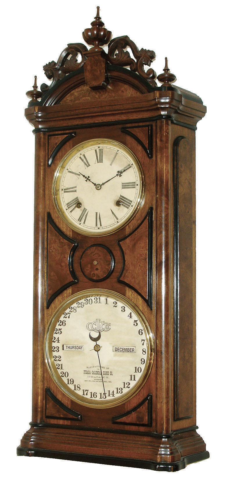 Ithaca Calendar Clock Co., Ithaca, NY "No. 5 Emerald" 8 days, spring driven time and strike, double dial calendar shelf clock, c1880. — Antique Clocks Price Guide