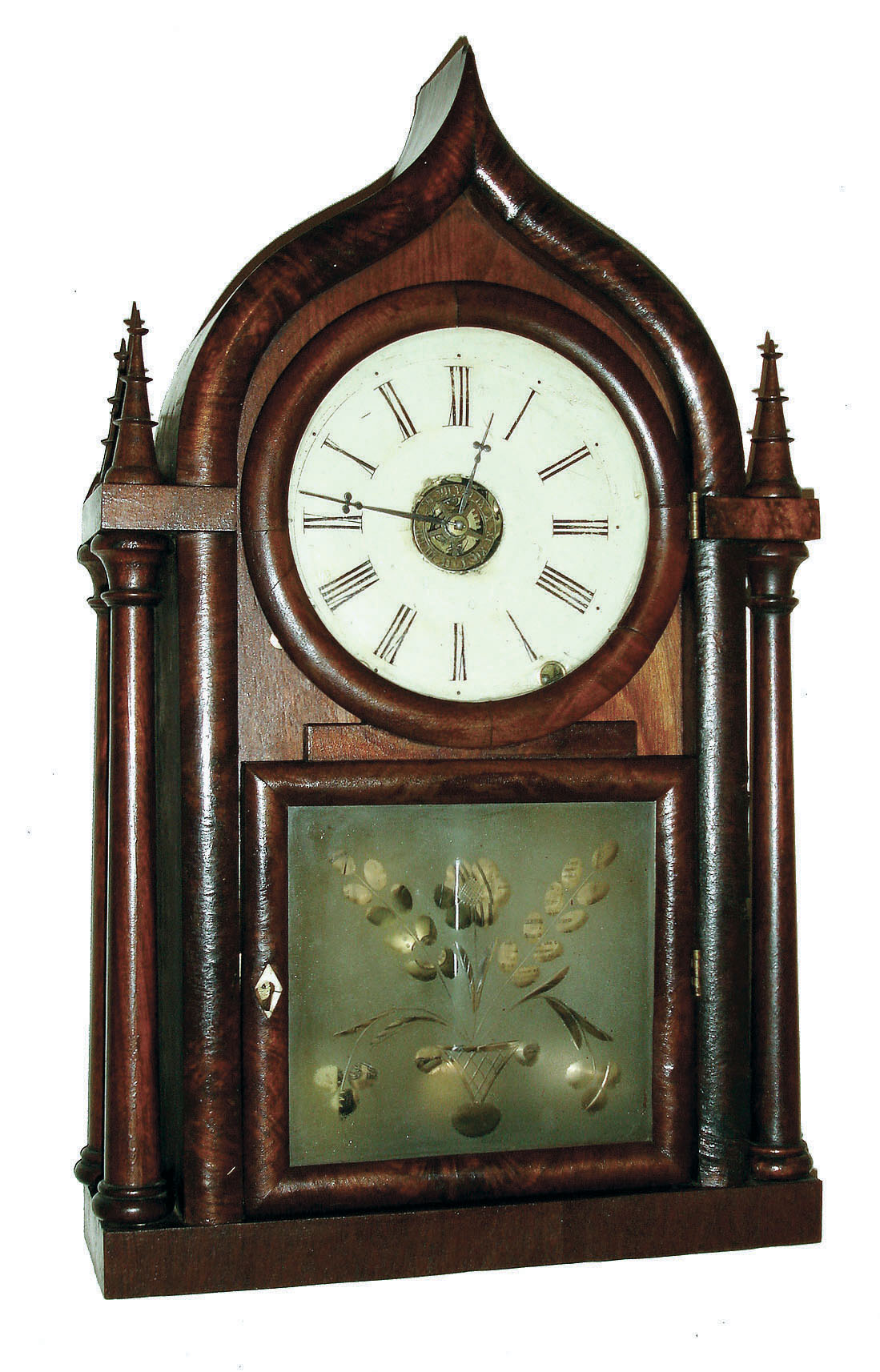 Brewster &amp; Ingrahams, Bristol, Conn., 8 days, time, strike and alarm four column onion top shelf clock, c1850 — Antique Clocks Price Guide