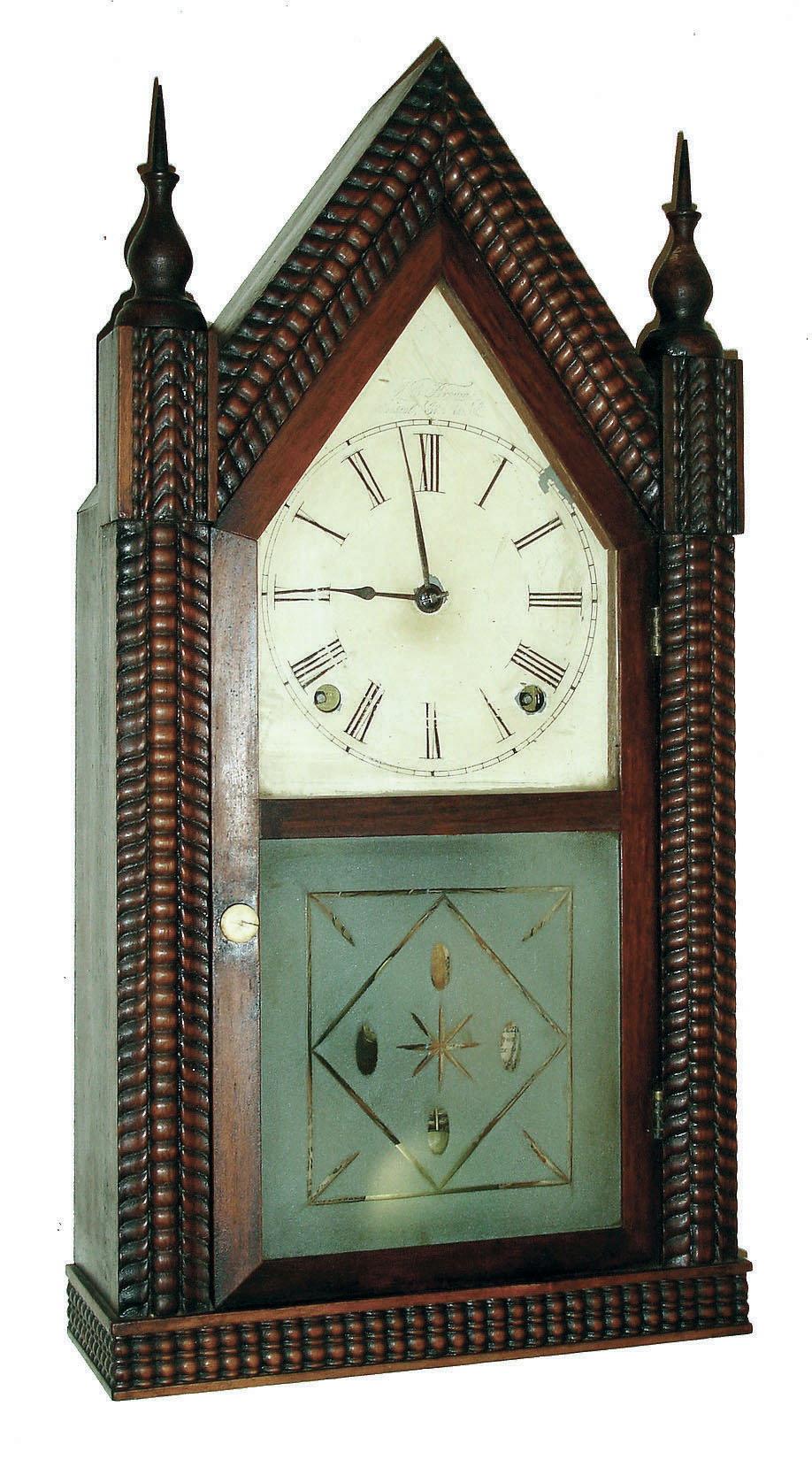 Forestville Manufacturing Co., (J. C. Brown), Bristol, Conn., 8 days, time and strike ripple front sharp gothic or steeple shelf clock. c 1848 — Antique Clocks Price Guide