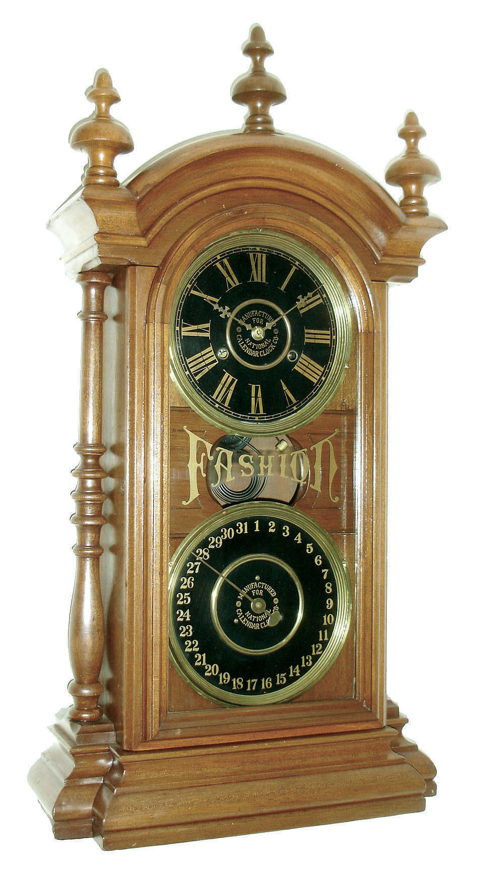National Calendar Clock Co., 8 days, time and strike, movement by the New Haven Clock Co., New Haven, Conn., double dial shelf clock, c1890. — Antique Clocks Price Guide