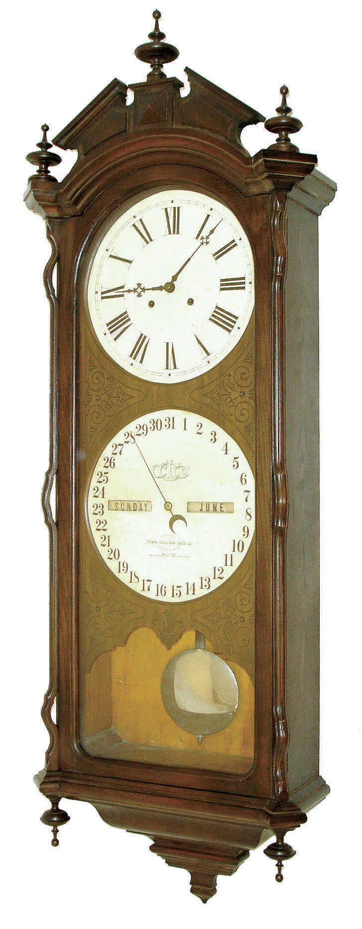 Ithaca Calendar Clock Co., Ithaca, N.Y., "No. 2 Bank" wall clock, 8 days, time and perpetual calendar, two weight driven movement in an oak case with two papered metal dials, dated 1889 — Antique Clocks Price Guide