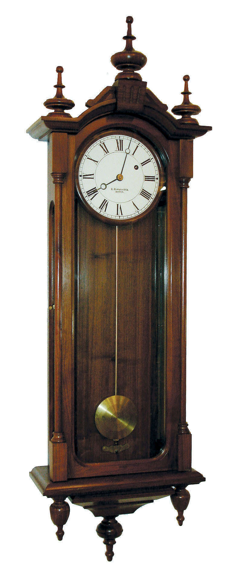 E. Howard &amp; Co., Boston, Mass., "Regulator No. 59-6" reissue, wall clock, 8 days, time only, weight driven movement in a walnut case with 6" painted metal dial, serial #47, dated 1981 — Antique Clocks Price Guide