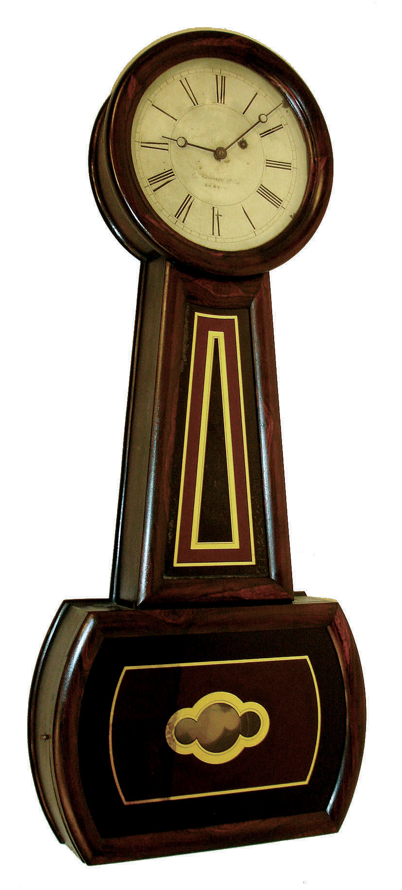 E. Howard &amp; Co., Boston, Mass., "No. 3 Regulator" banjo wall clock, 8 days, time only, weight driven movement stamped "HOWARD &amp; DAVIS" and "E, HOWARD &amp; CO." in a rosewood grained case with reverse painted tablets and painted metal dial, c1860 — Antique Clocks Price Guide