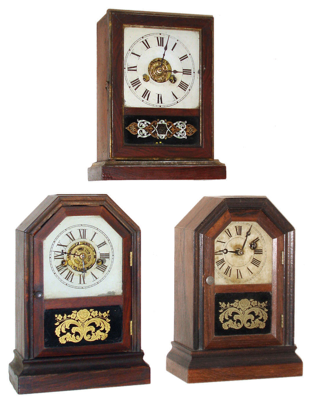 Clocks- 3 (Three) American 30 hour cottage clocks. (1) Jerome &amp; Co., New Haven, Conn., time &amp; alarm rosewood case c1870. (2) Daniel Pratt, Boston, Mass, time only, rosewood case c1870. (3) Horace Partridge &amp; Co., Bristol, Conn., time &amp; alarm rosewood case c1870. — Antique Clocks Price Guide