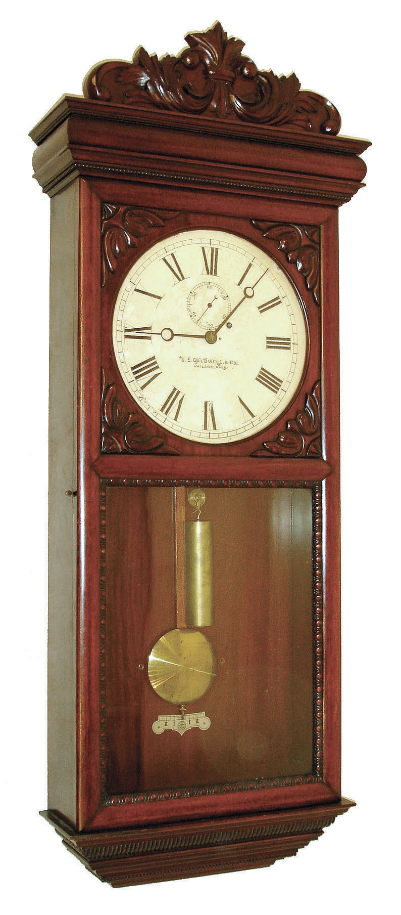 Chelsea Clock Co., Boston, Mass., "Regulator No. 5" wall clock, 8 days, time only, brass weight driven movement in a mahogany case with painted metal dial, c1900 — Antique Clocks Price Guide