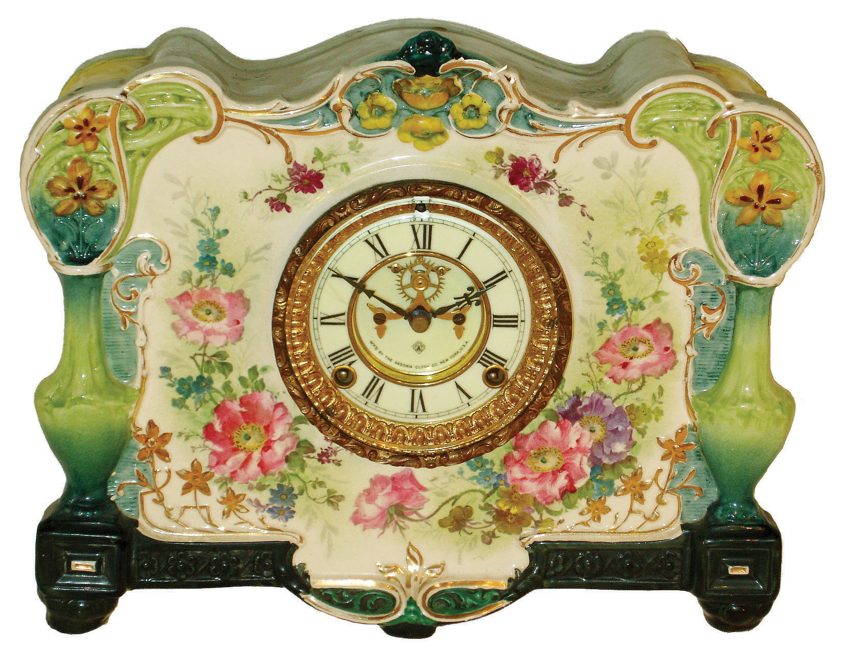 Ansonia Clock Co., New York, "La Roca" Royal Bonn 8 days, time and strike, porcelain mantel clock with visible escapement, c 1901 — Antique Clocks Price Guide