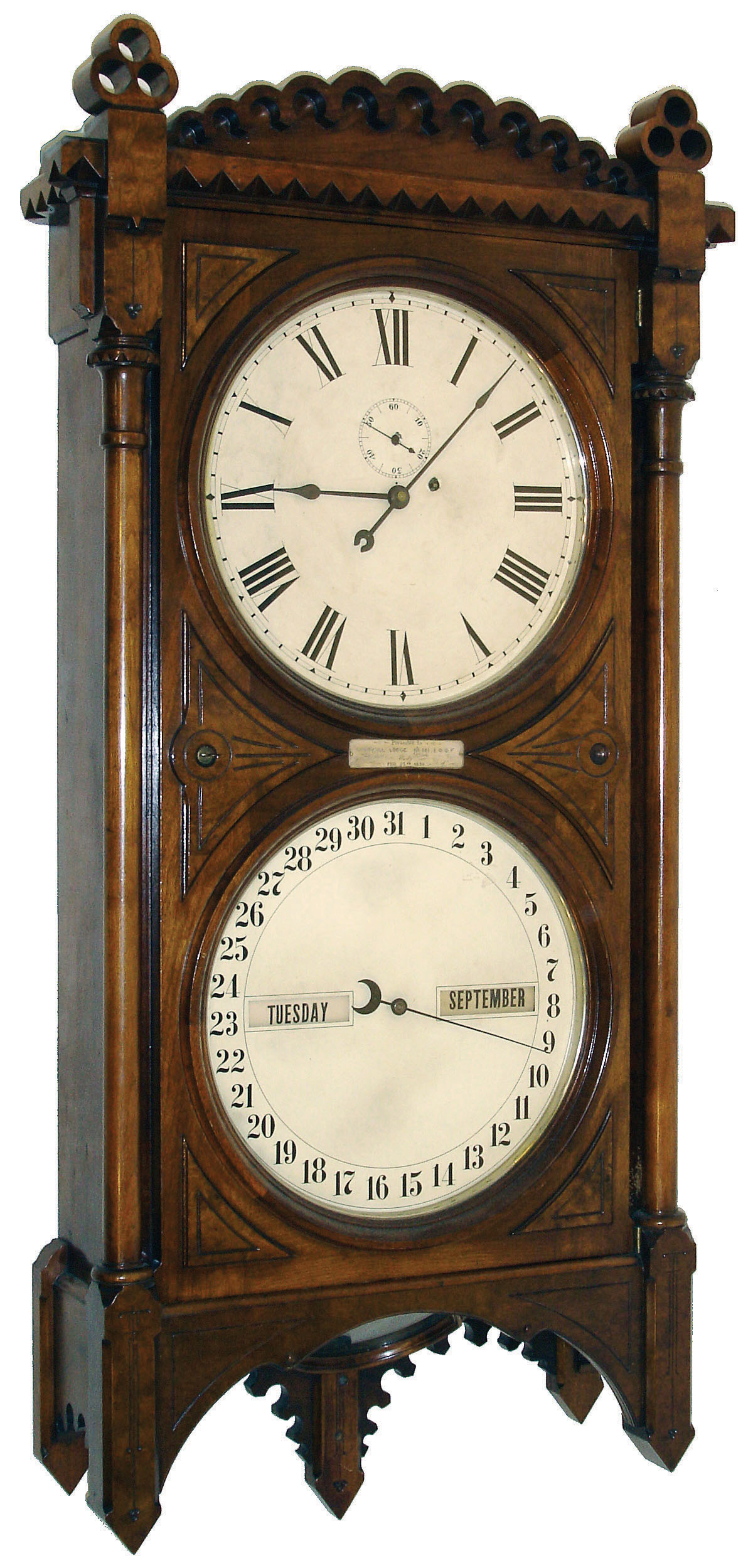 Seth Thomas Clock Co., Thomaston, Conn., "Office Calendar No. 5" wall clock, 8 days, time and perpetual calendar, weight driven movement in a walnut case with burled spandrels, presentation plaque to "Good Will Lodge No. 181 from the Independent Order of Foresters 1890," a Spencer, Mass. jeweler's label inside door and two painted metal dials, c1890 — Antique Clocks Price Guide