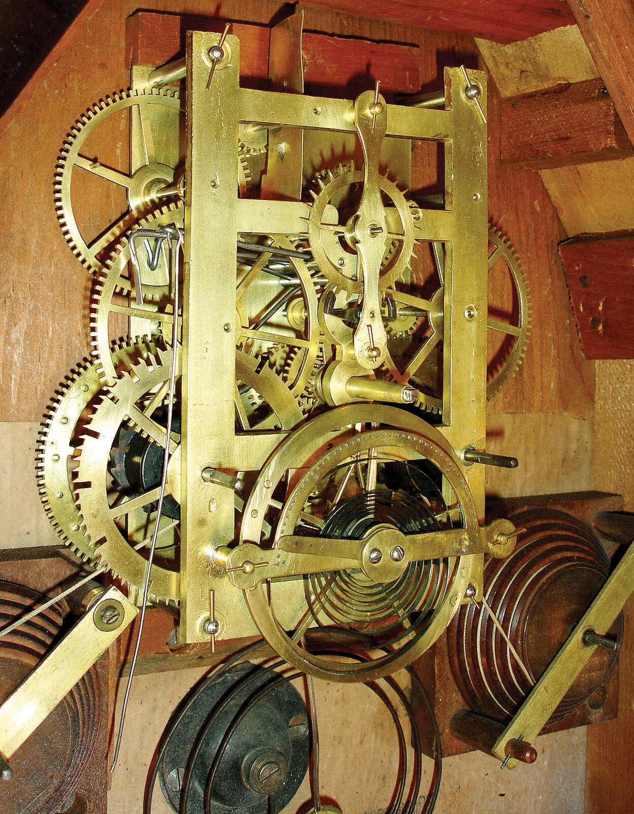 Silas B. Terry, Terryville, Conn., oversize balance wheel Sharp Gothic clock with 30 hours, time and strike, fusee movement utilizing Eli Terry's unique 1845 patent balance wheel escapement, in a rosewood veneered case, c1845. — Antique Clocks Price Guide