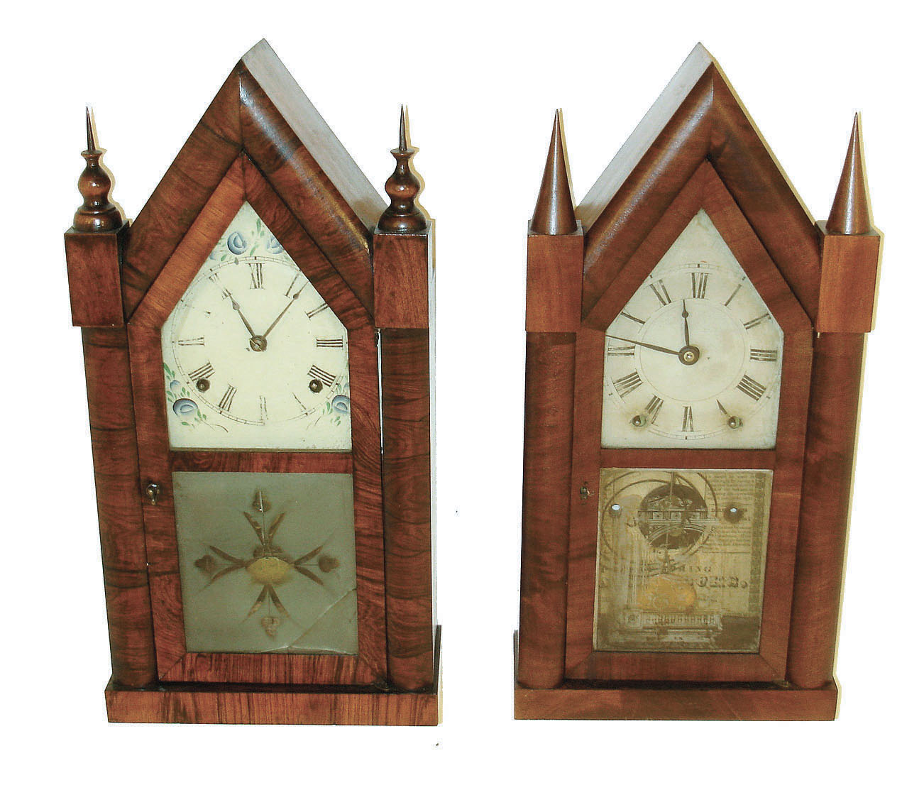 Clocks- 2 (Two) (1) Chauncey Jerome, New Haven, Conn., 8 days, time and strike, steeple, c1845. (2) Brewster &amp; Ingrahams, Bristol, Conn., 30 hours, time and strike,, steeple with brass springs, c1850. — Antique Clocks Price Guide