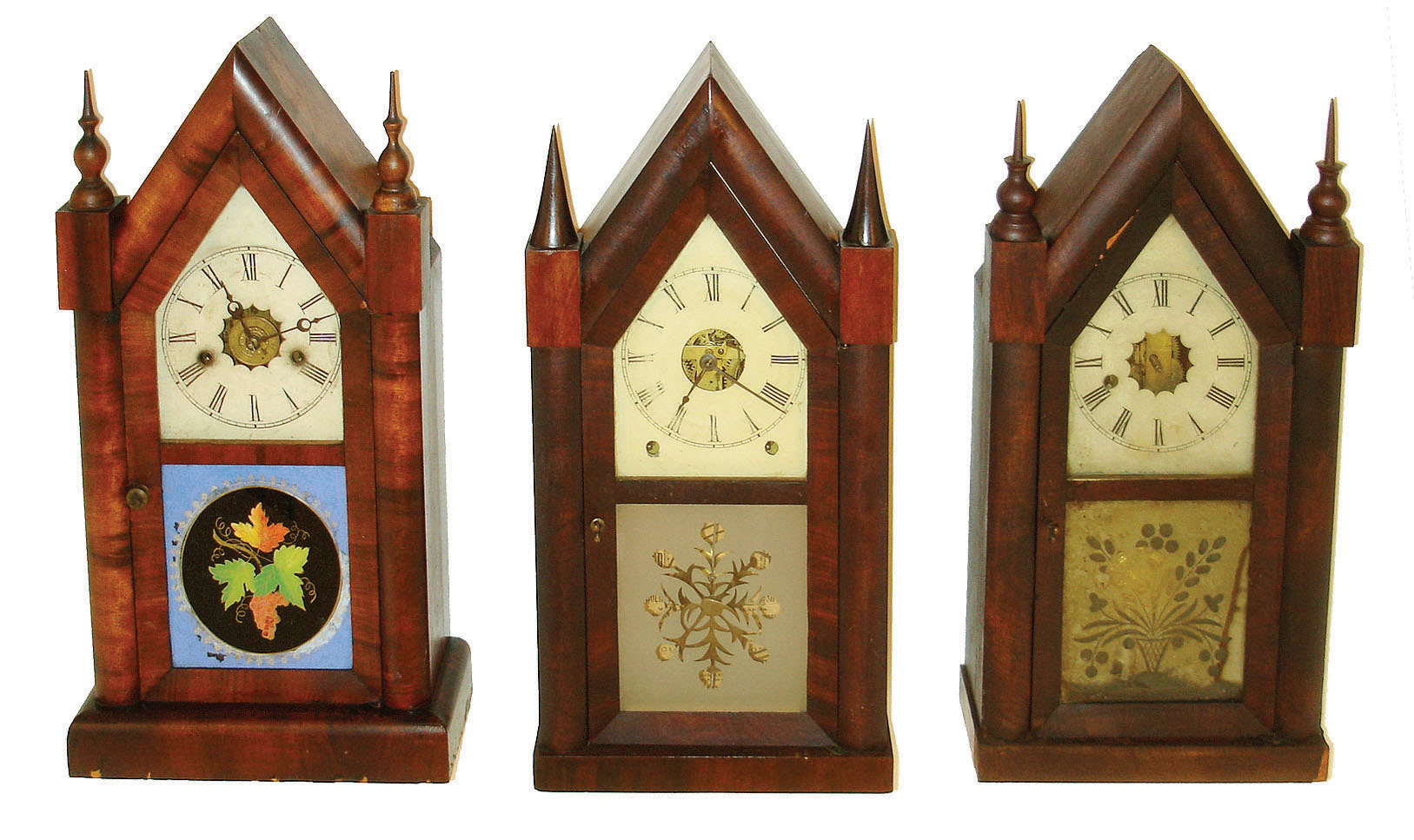 Clocks- 3 (Three): (1)Ansonia Clock Co., Ansonia, Conn., 8 days, time and strike steeple, c1855. (2)New Haven Clock Co., New Haven, Conn., 30 hours, time &amp; alarm steeple, c1875. (3)New Haven Clock Co., New Haven, Conn., 8 days, time only, steeple, c1865. — Antique Clocks Price Guide