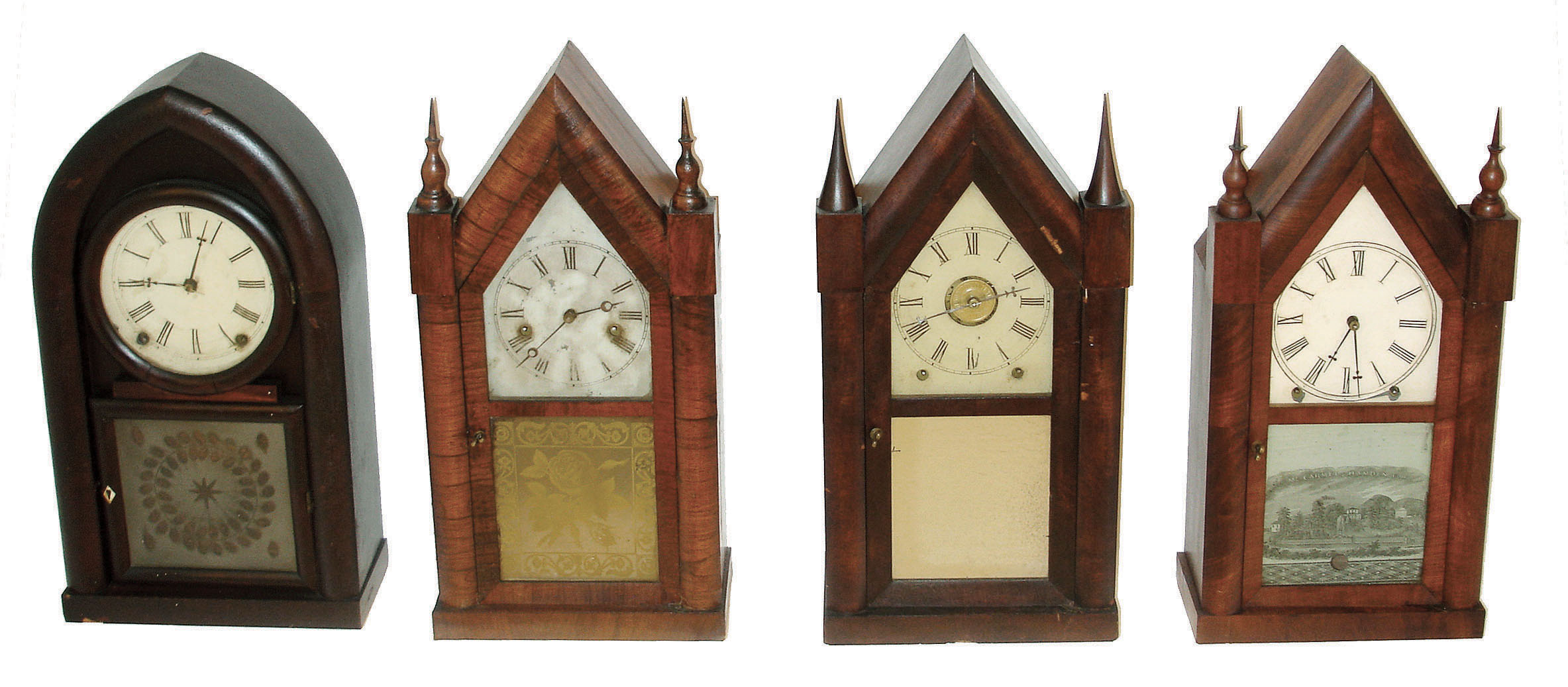 Clocks- 4 (Four): (1)Chauncey Jerome, New Haven, Conn., 8 days, time, strike &amp; alarm sharp gothic or steeple clock, c1850. (2)E. &amp; A. Ingraham, Bristol, Conn., 8 days, time and strike sharp gothic or steeple clock, c1852. (3)Ansonia Brass Co., Ansonia, Conn., 30 hours, time and strike sharp gothic or steeple clock, c1860. (4)Ansonia Clock Co., Ansonia, Conn., 8 days, time and strike round gothic or beehive clock, c1850. — Antique Clocks Price Guide