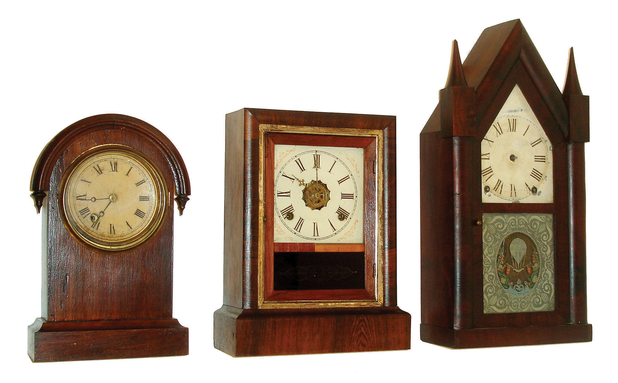 Clocks- 3 (Three): (1)Terry &amp; Andrews, Bristol, Conn., 8 days, time and strike sharp gothic or steeple clock, c1848. (2) (Probably) Terry Clock Co., Waterbury, CT, 30 hours, tick-tac movement timepiece, c1870. (3)Ansonia Clock Co., Ansonia, Conn., 8 days, time, strike &amp; alarm cottage clock, c1870. — Antique Clocks Price Guide