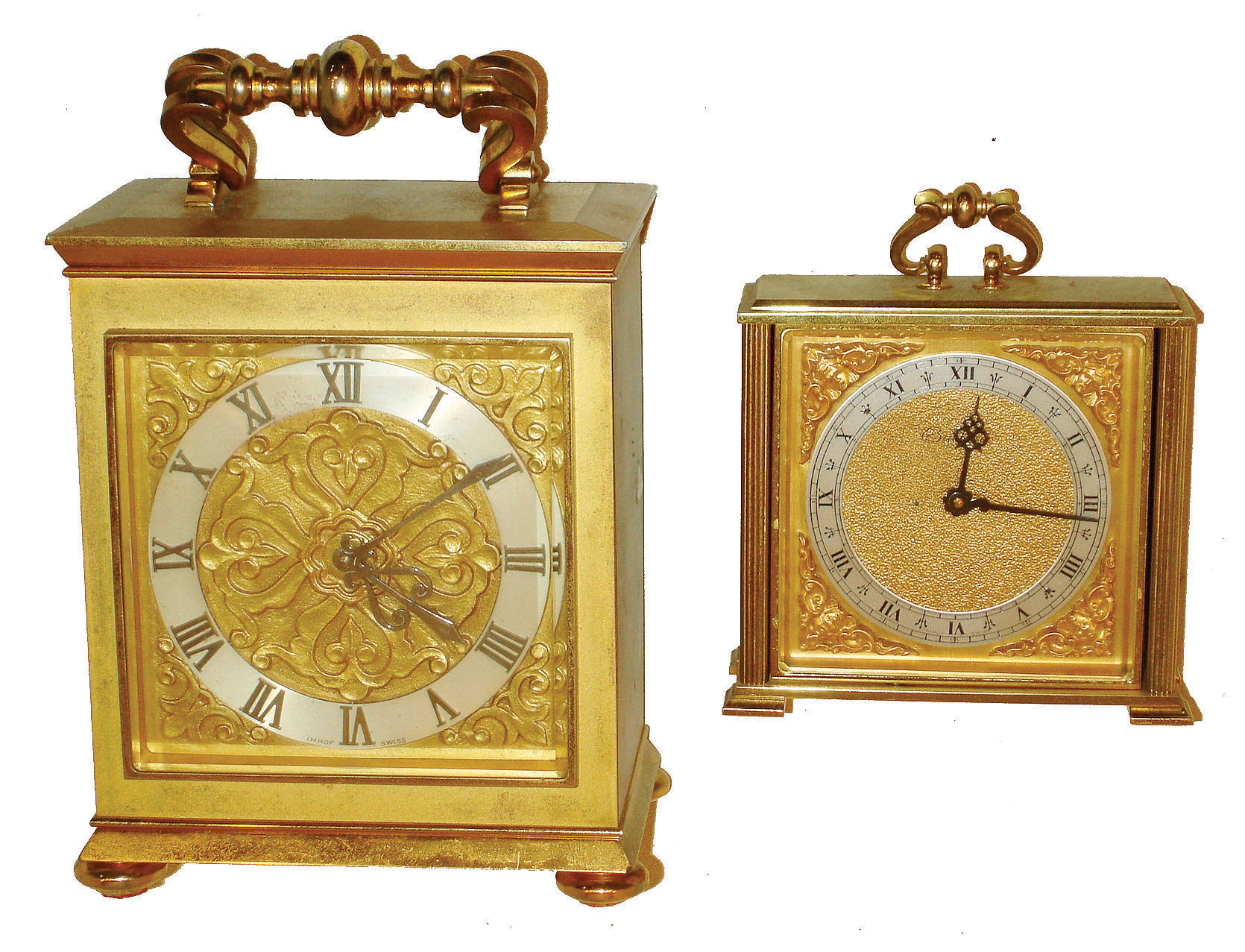 Clocks- 2 (Two) Swiss-made Imhof bracket-style desk clocks, both 8 day with top handles and silvered chapter rings; larger one is time and strike; both later 20th century. — Antique Clocks Price Guide