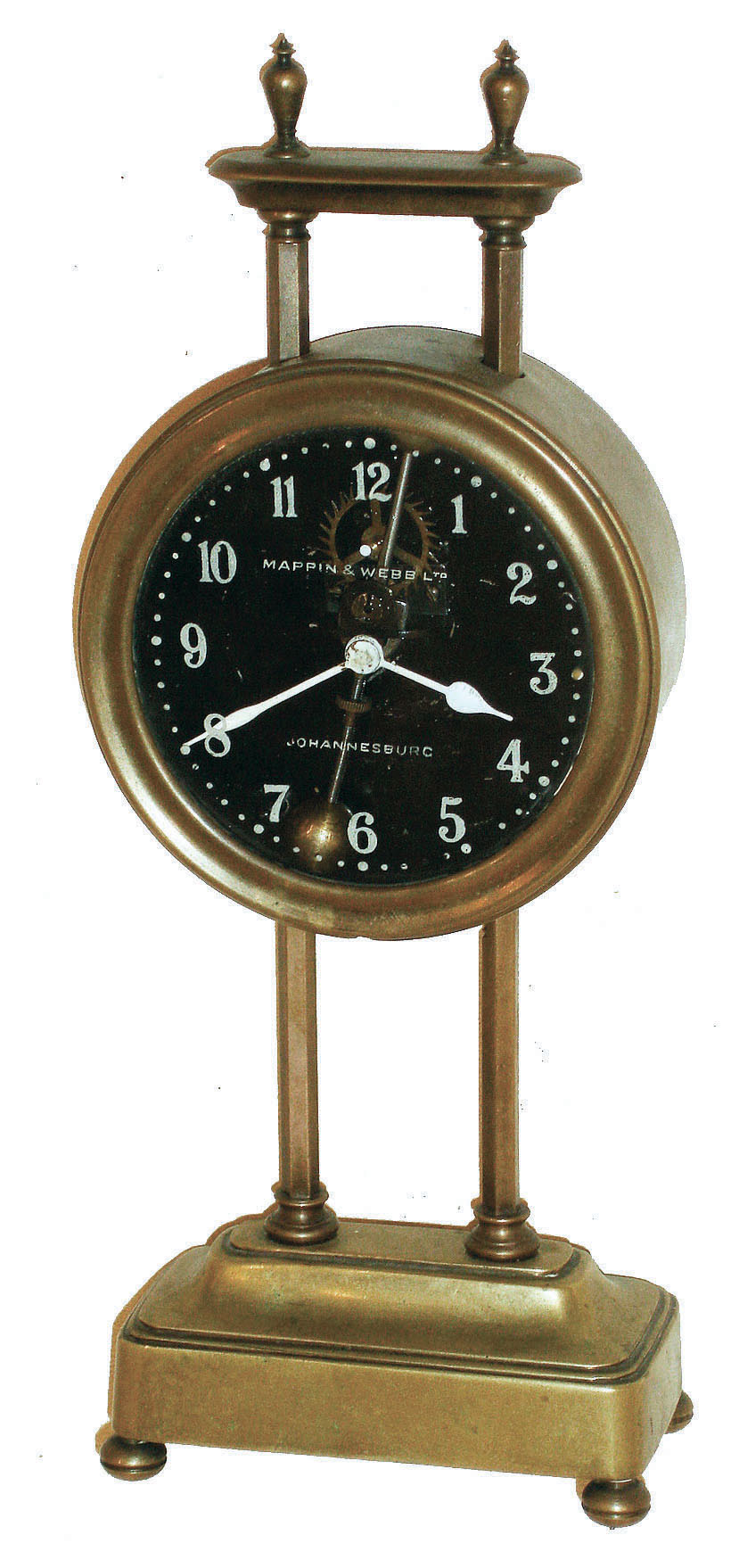 European gravity clock for Mappin &amp; Webb Ltd., Johannesburg, South Africa, brass 30 hour timepiece with exposed compound pendulum, c1922. — Antique Clocks Price Guide