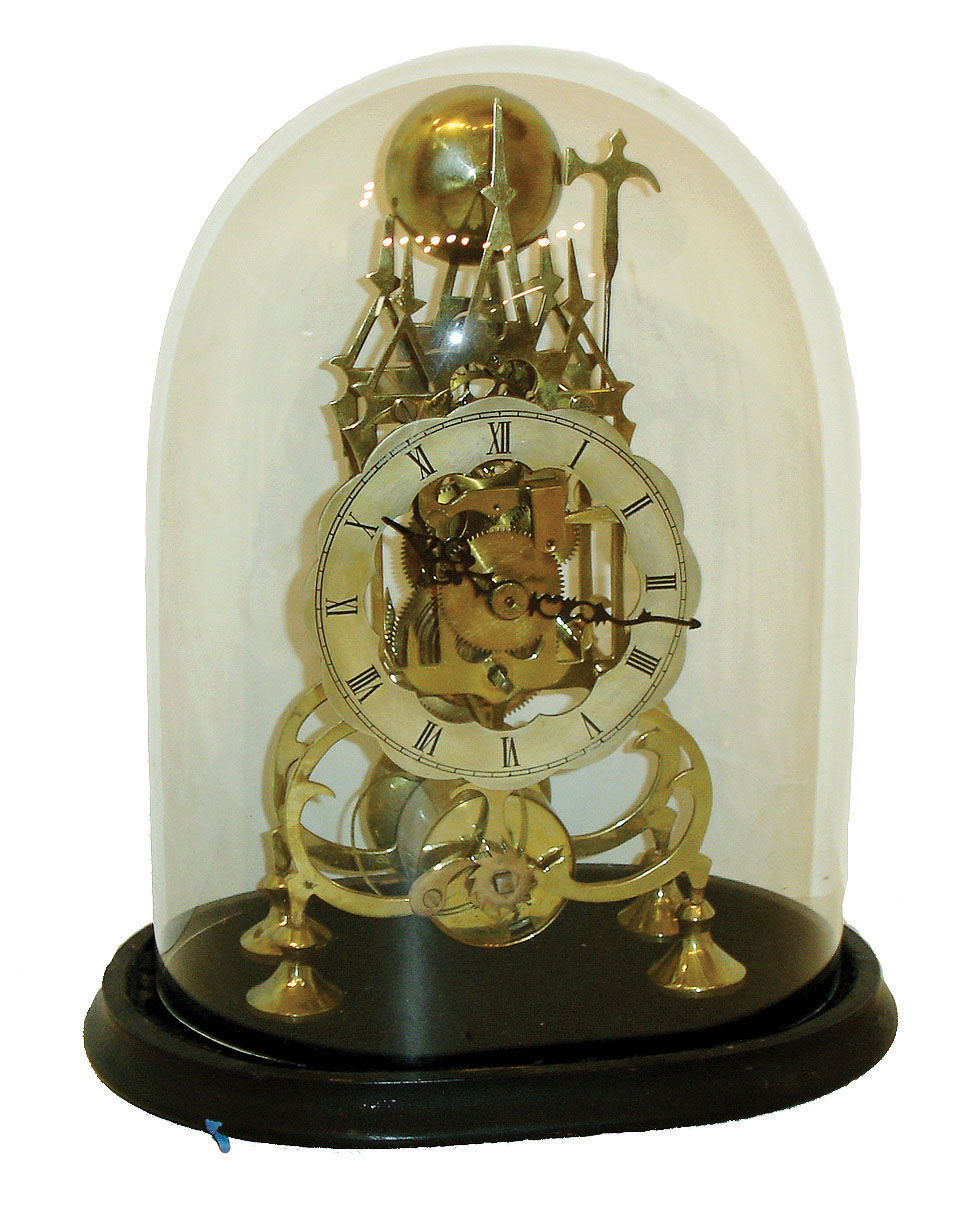 English, single fusee skeleton timepiece, striking a single bell tone on the hour. in a pierced Gothic frame, and with old glass dome, c1900 — Antique Clocks Price Guide