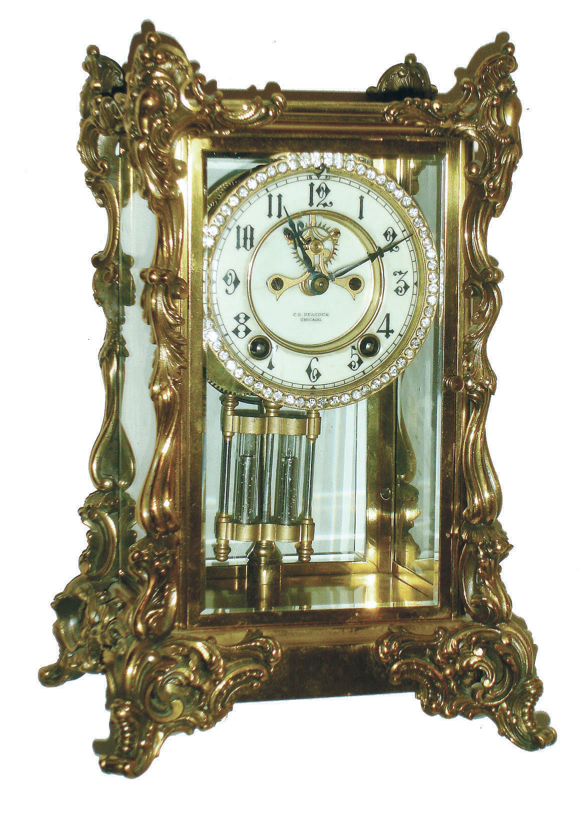 Ansonia Clock Co., New York, for "C.C. Peacock, Chicago" "Duke" brass and beveled glass 8 days, time and strike, crystal regulator with visible escapement, jeweled sash, c1904 — Antique Clocks Price Guide