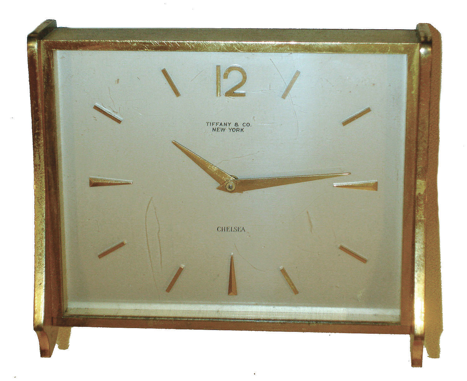 Chelsea Clock Co., Boston, for Tiffany &amp; Co., New York, "Socialite" brass 8 day time only, desk clock, c1960. — Antique Clocks Price Guide