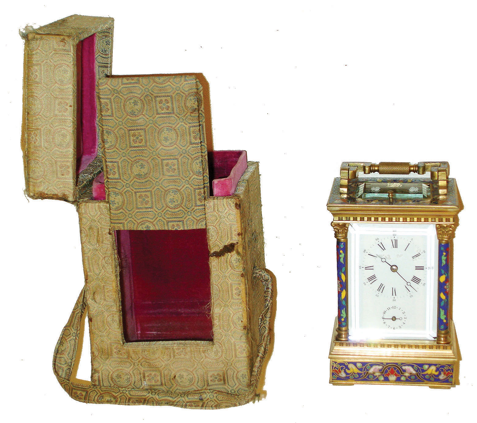L'Epee, France, modern enameled brass case 8 day repeating carriage clock with alarm and carrying case, c1985. — Antique Clocks Price Guide