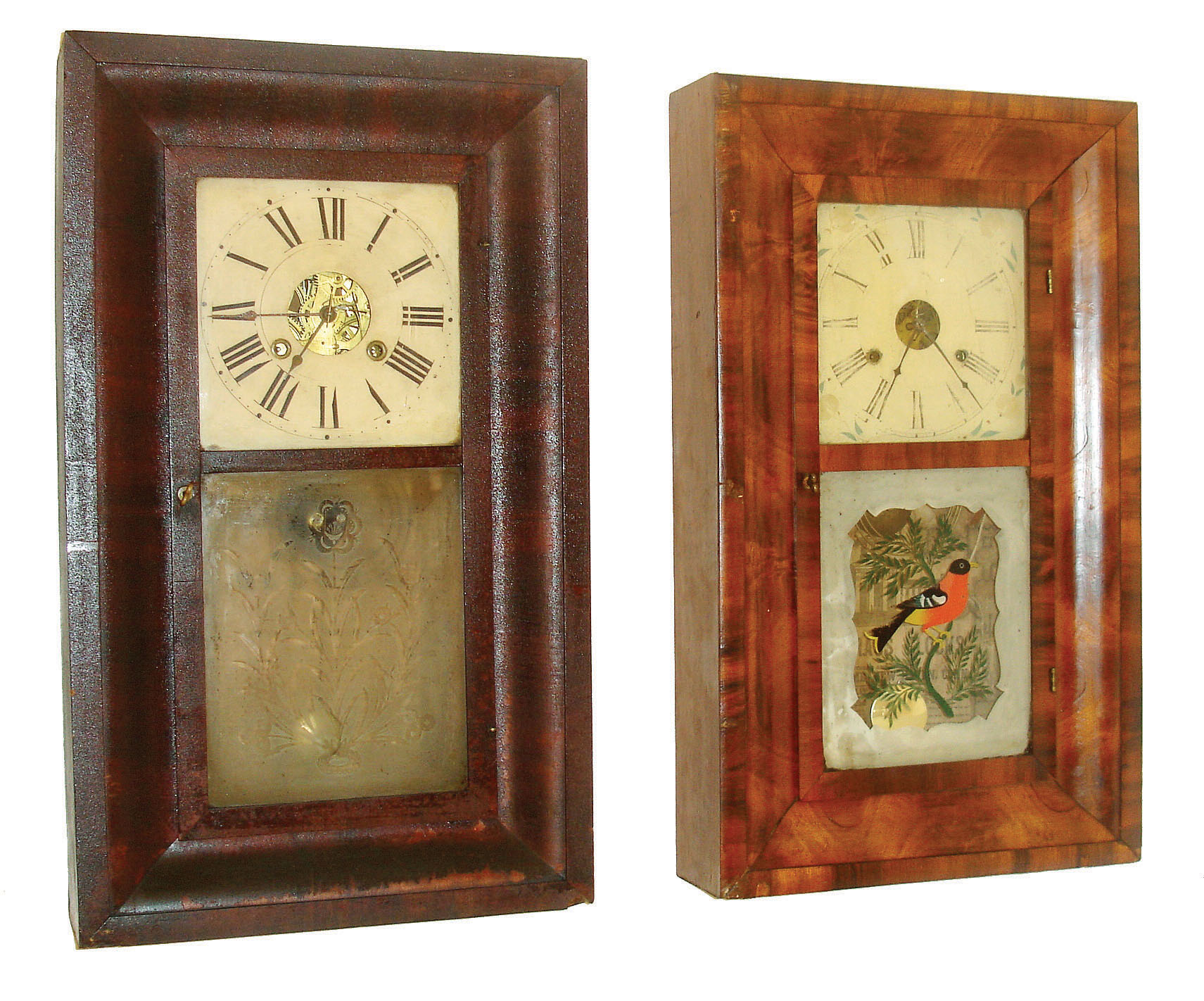 Clocks- 2 (Two): (1) Morse &amp; Co., Plymouth Hollow, Conn., 30 hours, time and strike,, OG, c1854. (2) Chauncey Jerome, New Haven, Conn 30 hours, time and strike,, OG, c1850. — Antique Clocks Price Guide