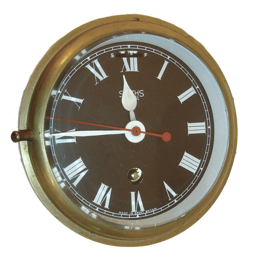 Smiths Astral, engine or ward room clock, 8 day time only, movement with sweep seconds, Roman numeral black painted dial, white painted hands with red seconds, heavy cast brass case with beveled glass, c1950 — Antique Clocks Price Guide