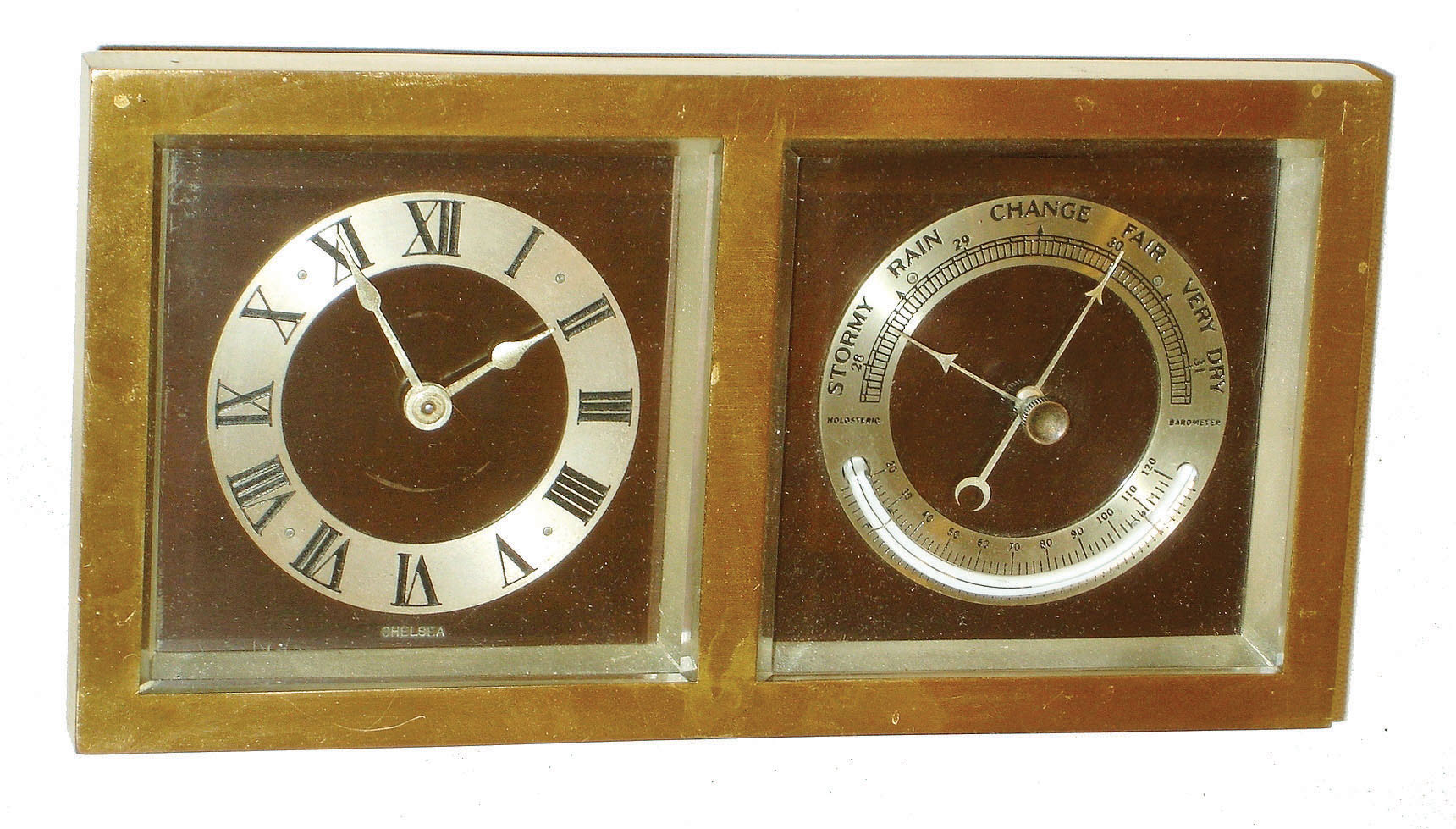 Chelsea Clock Co., Boston, "Desk Picture Frame" 8 day clock and barometer desk set in brass and beveled glass case, #193294, 1929 — Antique Clocks Price Guide