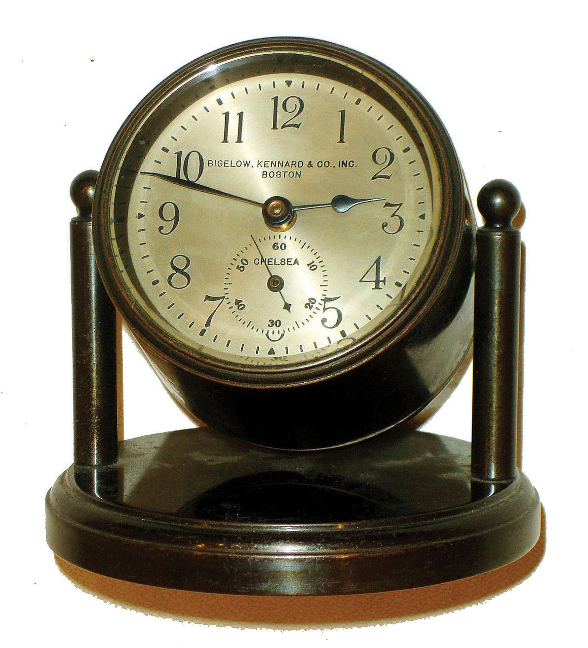 Chelsea Clock Co., Boston, for Bigelow, Kennard &amp; Co., "Miniature Desk Clock" 8 day time only, in bronze tilting case with 3"dial, #176203, C.1927 — Antique Clocks Price Guide
