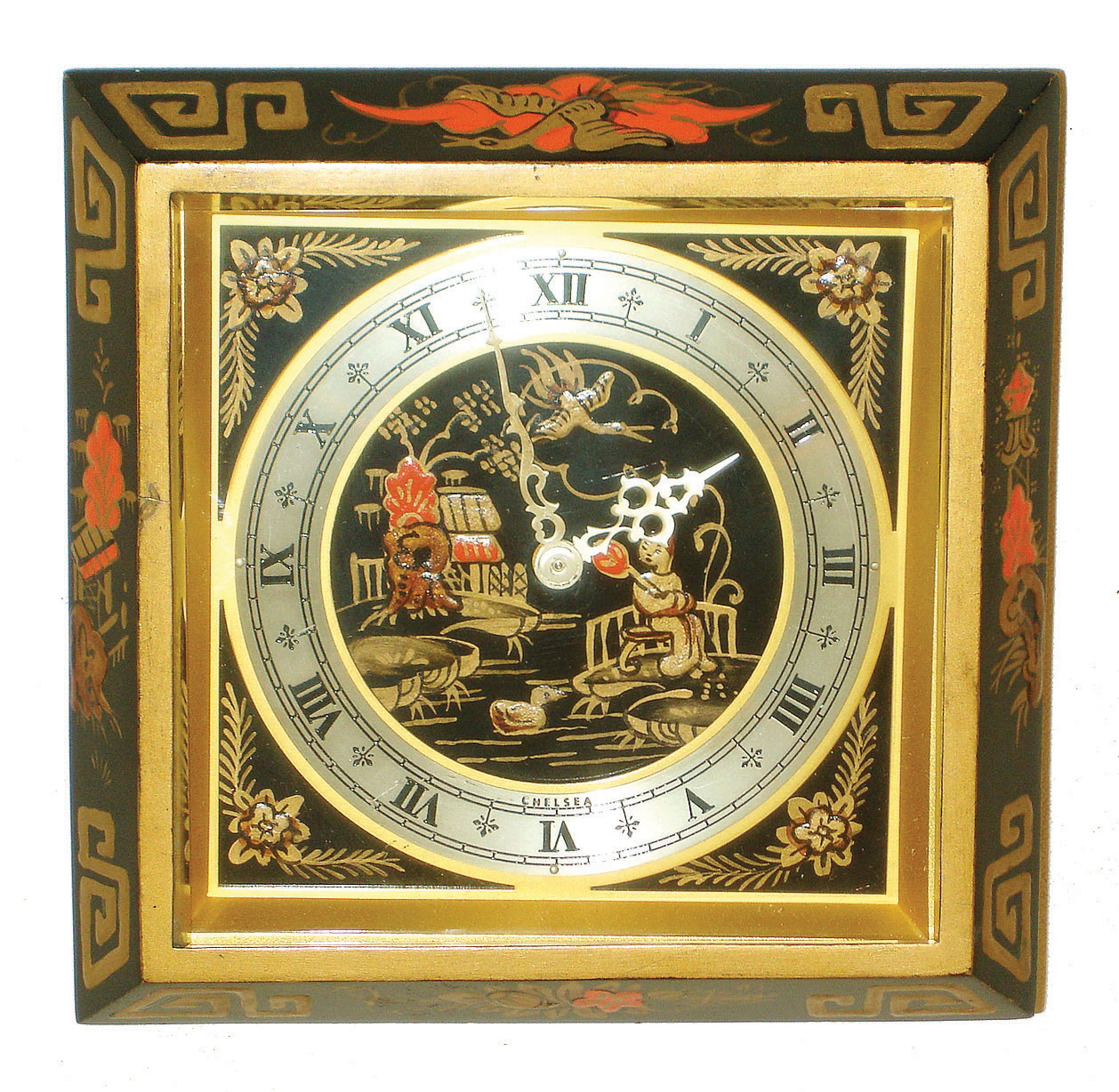 Chelsea Clock Co., Boston, "Chinese Lacquer" 8 day time only, easel desk clock, #612939, c1958 — Antique Clocks Price Guide