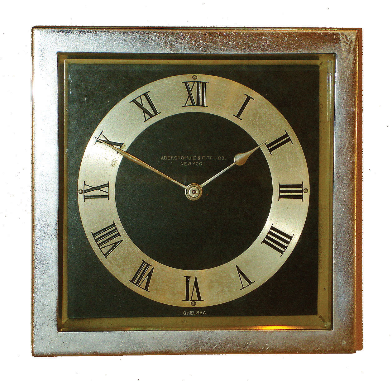 Chelsea Clock Co., Boston, for Abercrombie &amp; Fitch, New York, "Drake" model 6" 8 day time only, easel desk clock in nickel plated case, #192493, 1929 — Antique Clocks Price Guide