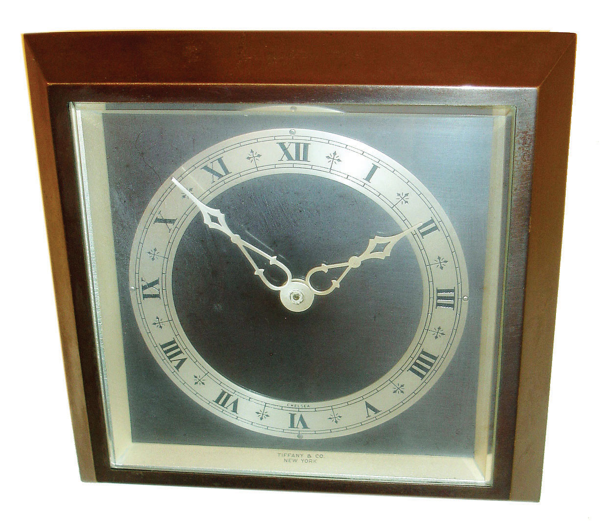 Chelsea Clock Co., Boston, for Tiffany &amp; Co., New York, 8 day easel timepiece (similar to Drake model in square bronze and beveled glass case, #581555, c1953 — Antique Clocks Price Guide