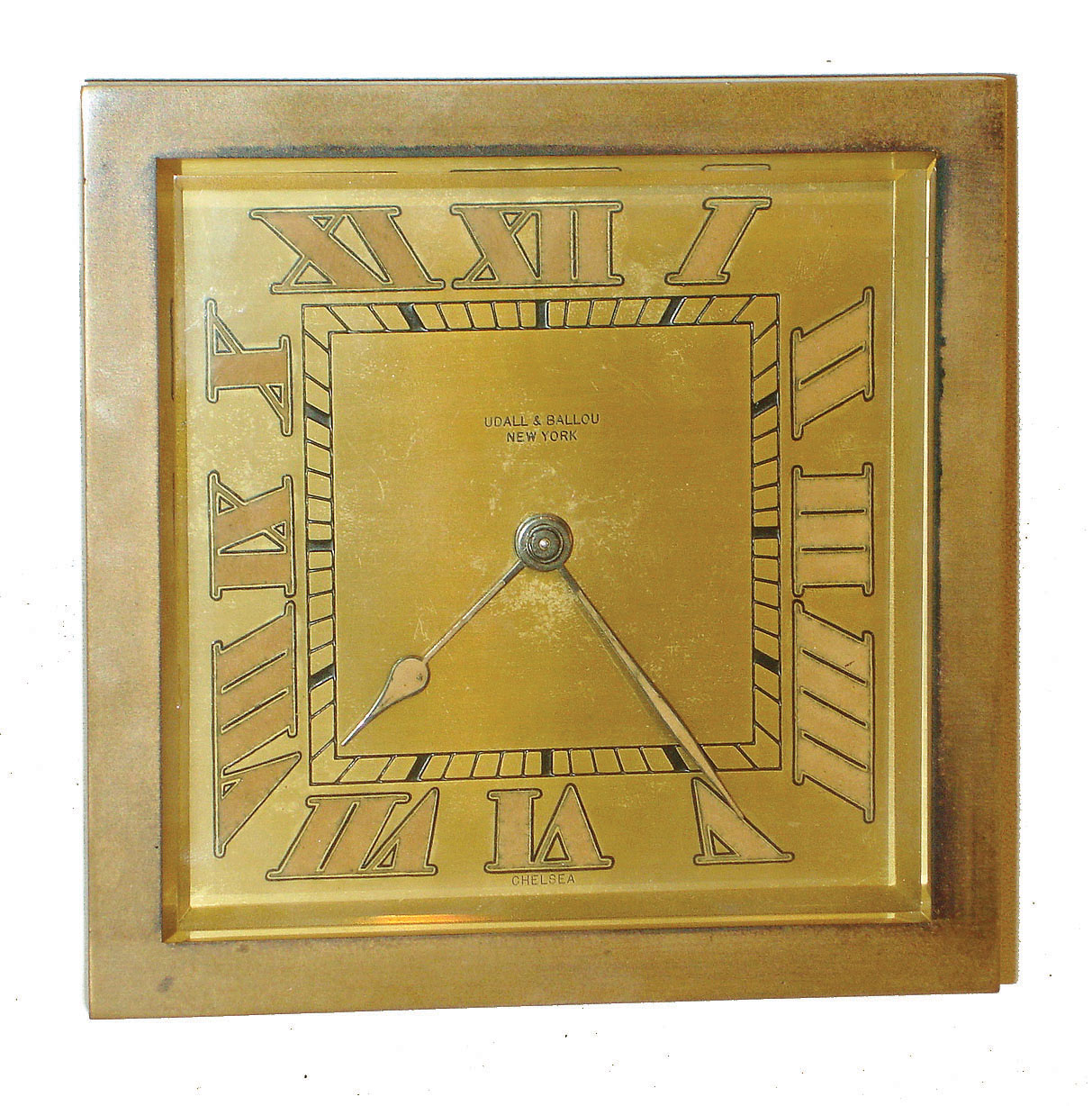 Chelsea Clock Co., Boston, for Udall &amp; Ballou, New York, "Drake" model 6" 8 day time only, easel desk clock in brass and beveled glass case, #185466, 1928 — Antique Clocks Price Guide