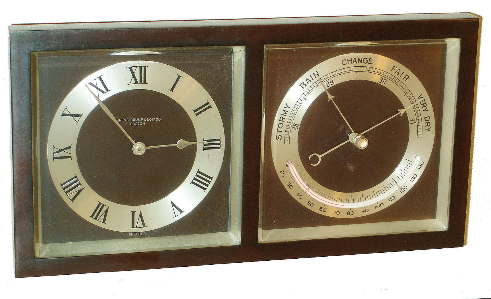 Chelsea Clock Co., Boston, for Shreve, Crump &amp; Low, Boston, "Erickson" model 8 day time only, clock and barometer/thermometer easel desk set in bronze and beveled glass case, #256044, 1939 — Antique Clocks Price Guide