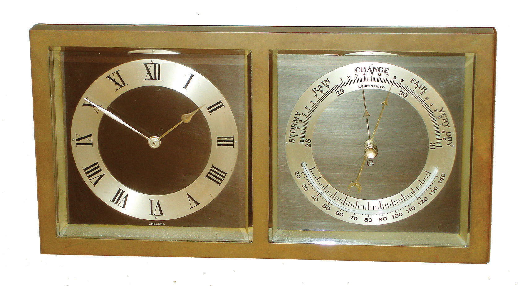 Chelsea Clock Co., Boston, "Erickson" model 6" 8 day clock and barometer/thermometer desk set in bronze case, #238332, 1937 — Antique Clocks Price Guide
