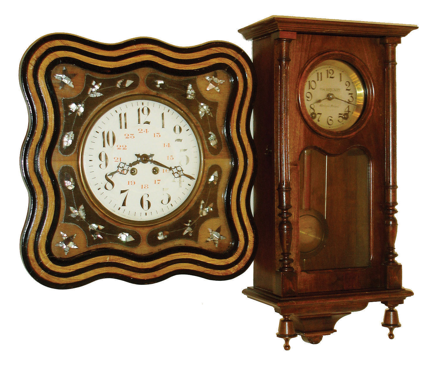 Clocks- 2 (Two) French-made 8 days, time and strike, wall clocks: one "Bakery" inlaid ebonized wood; one walnut box regulator with Morbier "prayer-repeat" posted movement; late 19th century — Antique Clocks Price Guide